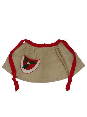 VTG Handmade Beige Burlap Red Green White Felt Mistletoe Pocket Christmas Apron